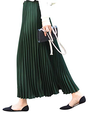 Falda Plisada para Mujer y Niña Longitud Máxima Falda Maxi Plisada Gasa Elástica Falda Larga Plisada Cintura Elástica para Primavera Verano Otoño - 90cm Liso Verde Oscuro