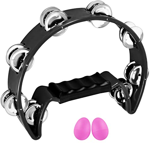 EASTROCK Hand Halbmondförmiges Tamburin, Halbmond Form Schellenring mit ergonomischem Handgriff, Schlaginstrument Musik Zweireihige Metall Jingles für Geschenk KTV Party (Single, Schwarz)