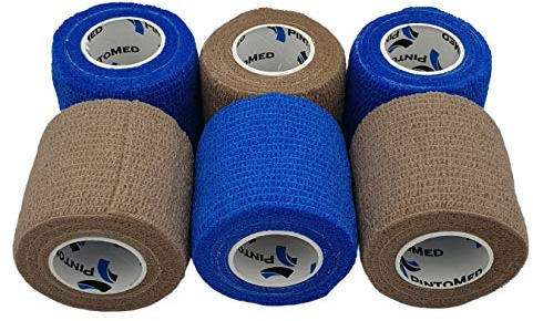 PintoMed Selbstklebender Verband Gedehnt - 3 x Blau + 3 x Beige - 5cm x 4,5m Bandagen Rollen Haftbandage Fixierbinde Selbsthaftend Health Pflaster Sport Tape Stück für Handgelenk Bein Arm Vet Wrap
