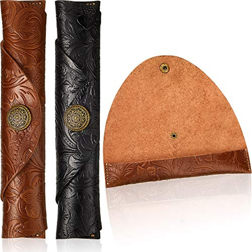 Zonon 2 Stück Vintage handgefertigte Leder Stifteetui geschnitzt Rolle Leder Stifthalter Roll Wrap Stift Tasche für Schule Home Office, braun und schwarz