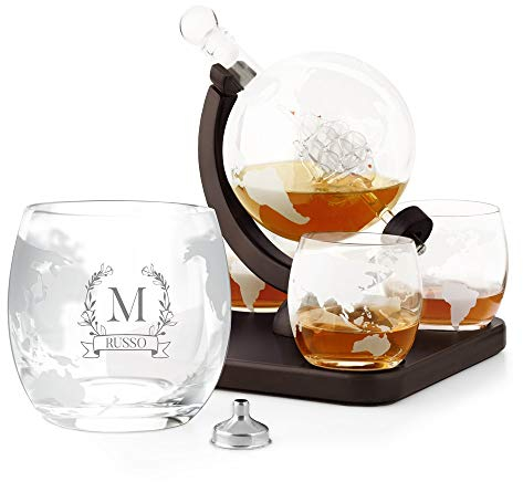 Maverton Decanter per Whisky in vetro - incisione personalizzata - Caraffa a forma di mappamondo da 850 ml + 4 Set bicchieri whisky - idea regalo per la donna - corona