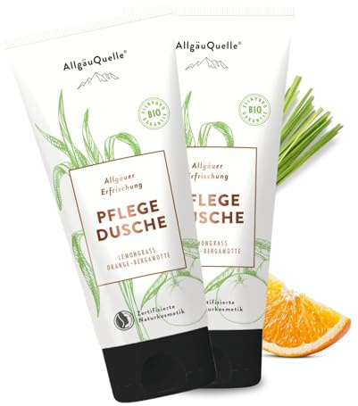 AllgäuQuelle® Pflegedusche Allgäuer Erfrischung | BIO Duschgel für Männer und Frauen | ätherische Öle von Lemongrass, Orange u. Bergamotte, 2 x 100 ml