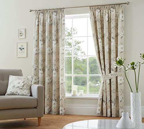 Dreams & Drapes - Natural Floral Curtains W90 x L72 (229 x 183cm) - 2x Panels - 100% Cotton - 2x Tie Backs - White Flowers Pencil Pleat Curtains & Drapes for Bedroom/Living Room - Vintage