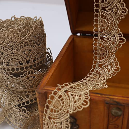 SEWDIYTR Goldfarbenes Spitzenband, 4,8 Meter, goldene Stickerei, Venedig, Spitzenbesatz, Vintage, goldene Spitze zum Nähen, Kuchen, Fransen, Hochzeit, Brautkleid, 3 cm