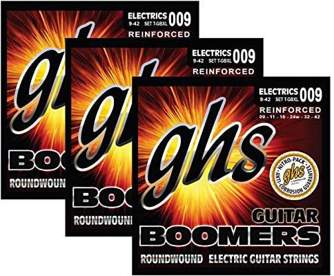 GHS STRINGS - REINFORCED GUITAR BOOMERS - ELECTRIC GUITAR STRINGS - EXTRA LIGHT GAUGE - 9-42 - IDEAL FOR GUITARS WITH TREMOLO SYSTEMS - T-GBXL-3 SET (PACK OF 3)