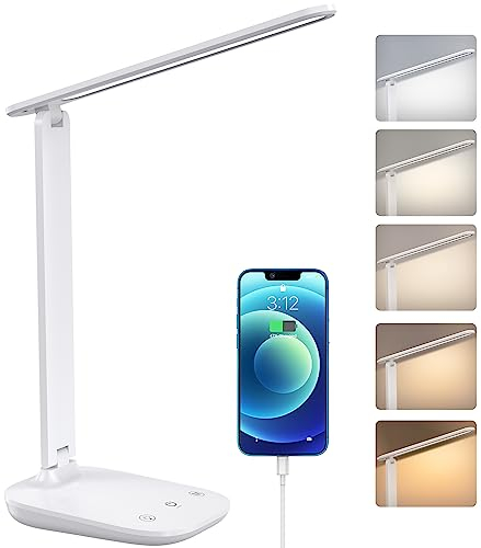 BSRANE Lampe de Bureau LED, Lampe Bureau LED avec 5 Modes de Couleur et Gradation en Continu, Lampe Led Bureau Attentionnée pour Les Yeux, Lampe de Bureau avec Port USB et Fonction Mémoire
