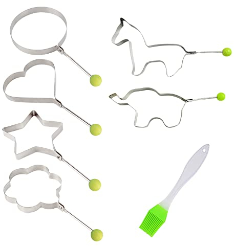 6 moldes para tortillas, anillo de huevo, molde para tortitas, molde de tortilla de acero inoxidable con 1 cepillo de aceite, con mango resistente al calor, molde antiadherente para tortillas,