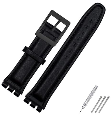 Bracelet en Cuir véritable for Swatch Bracelet Bande de Montre Simple 17mm 19mm Dragonne Rouge Bracelets Femmes Homme Montre Ceinture Accessoires (Color : Black Black Buckle, Size : 17mm)