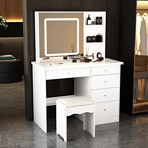 PREMTURE toeletta trucco, toilette trucco con sgabello, toletta da trucco con specchio con 5 cassetti, 5toeletta trucco con luci, 50 x 100 x 135cm