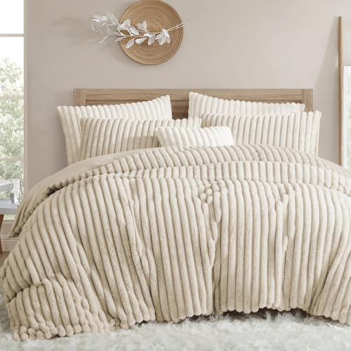 Sedefen Winter Bettwäsche 155x220 cm Beige Flauschig Plüsch Kunstfell Flanell Biber Wendebettwäsche Shaggy Gestreift Bettbezug und 1 Kissenbezug 80x80cm mit Reißverschluss
