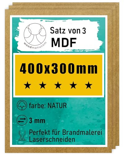 woodmanucom MDF Platten | 400 x 300 x 3 mm | Bastelplatte Dünne Holz-Platten | Perfekt für Laser, CNC Router, Laubsäge, Modellierung (3 Stück natürlich)