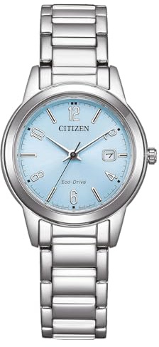 Citizen Eco-Drive Damenuhr Edelstahl, Hellblau, 29.4 mm, FE1241-71L | Eco-Drive Solar, Keine Batterie Nötig, Kristallglas, 3 bar Wasserdicht, 240 Tage Gangreserve, Datum, Edelstahlband