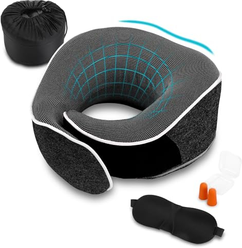 Collazoey Cuscino da viaggio, Set di cuscini per il collo in Memory Foam con maschera per gli occhi, tappi per le orecchie e custodia, Cuscino da viaggio dal design ergonomico (Grigio scuro)