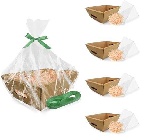 5 Paniers Cadeaux Vides 34x23x11cm + 200g de Papier de Pin + 10 Feuilles Cellophane + 25m de Fil | Coffret en Carton sans Couvercle | Corbeilles, Cadeaux, Anniversaire, Pâques, Saint-Valentin, Fêtes