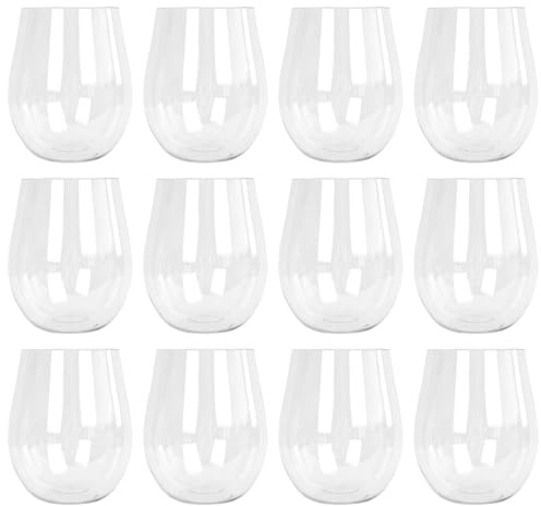 Argon Tableware Reusable Plastic Glasses - 600ml - Pack of 12 - Stemless Wine Glasses - Clear Cocktail Champagne Tumbler Drinking Cups for Garden, Parties, Weddings, BBQ and Picnic