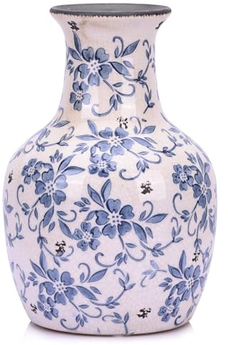 QIANLING Blå och vit blommig vas – 27,6 cm vintage keramisk keramikvas för bordsuppsatser, rustik bondgårdsvas för heminredning, blå dekorativ blomvas, chinoiserie-vas, modern bondgårdsvas