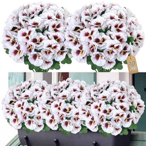 SOMYTING 10 Pcs Artificial Pansies for Outdoor Artificial Silk Flowers UV Resistant Faux Flowers Plastic Plants for Front Porch Garden Window Box Hanging Planter Decoration (White)
