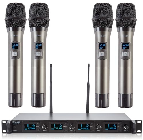 Boeska 4 Channel Wireless Microphone System, UHF 4 Cordless Handheld Mics for Karaoke Church Speaking Conference Meeting Party, 4x50 Adjustable Frequency (4 Handheld)