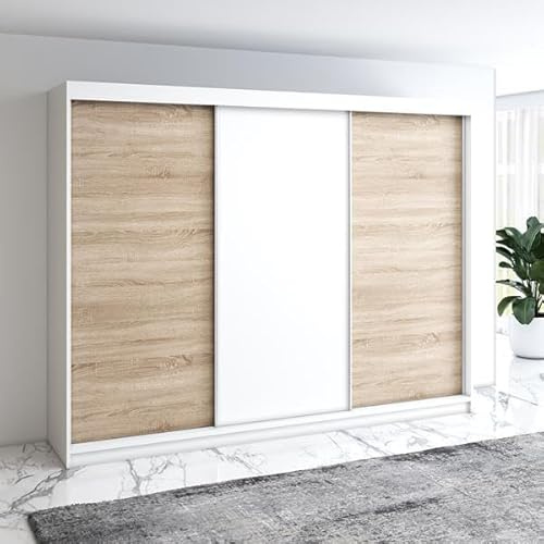A&J MöbelLand Mero Schwebetürenschrank 200 cm, Kleiderschrank 3-türig mit 4 Schubladen (Weiß/Sonoma)