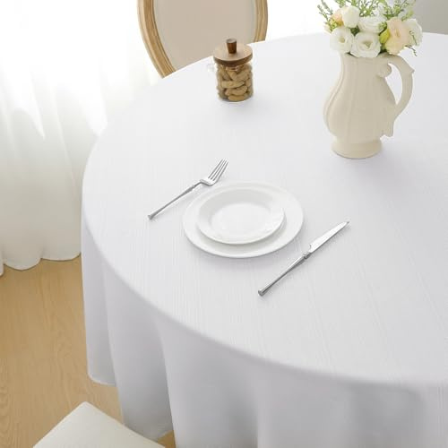 Softalker runde Tischdecke 160 Weiß abwaschbar Leinen Struktur Wasserabweisend Abwischbar Fleckschutz Tischtuch Tablecloth Deko für Outdoor Draußen Party Geburtstag Silvester Hochzeit Weihnachten