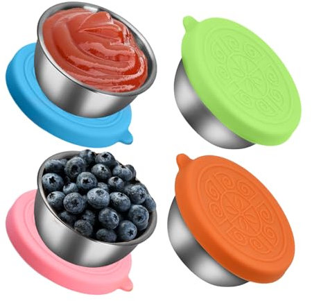 Dokeno 50ml Récipient Vinaigrette Avec Couvercles en Silicone, 4pcs Petit Contenant à Sauce en Acier Inoxydable Réutilisable, Boîte Alimentaire Dressing to Go