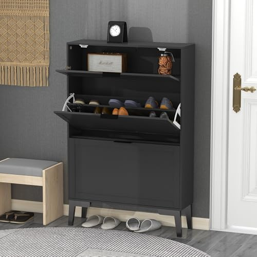 TaoHFE Modern Shoe Cabinet for Entryway - Black Wooden Hidden Shoe Cabinet - Narrow Free Standing 3 Tier Rack