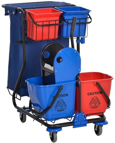 HOMCOM Carro de Limpieza con Bolsa de Basura Carro de Servicio con Doble Cubo de 18 litros Escurridor de Prensa 2 Cubetas Auxiliares 93x80x97 cm Rojo y Azul