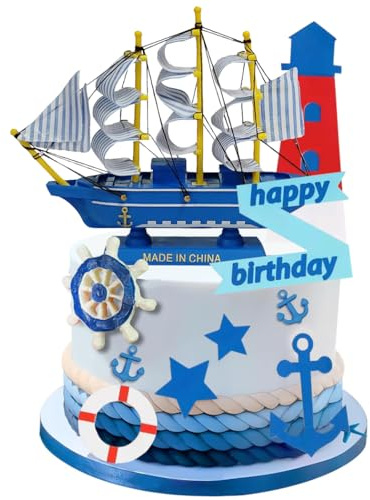 YGCHEN Tortendeko Nautische Kuchen Dekoration Mini Segelboot Figuren Happy Birthday Cake Topper Leuchtturm Rettungsring Schiffsanker Stern Kuchen Deko Kindergeburtstag 9 Stück