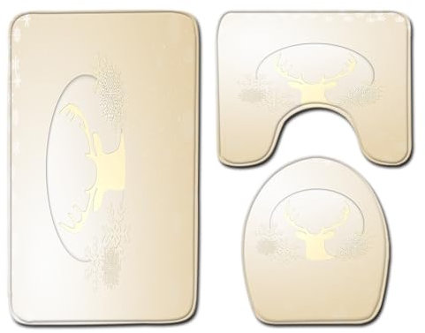 Bad Teppiche Set Beige Weihnachten Rentier Badezimmerteppich Waschbar WC Vorleger mit Ausschnitt und WC Deckelbezug 3 Teilig Badematte rutschfest Toilettensitzbezug Badgarnitur 45x75 cm