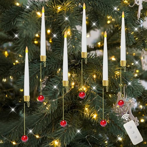 TETSMG Weihnachtsbaum Lichterkette LED Kerzen mit Fernbedienung und Timer, 6er LED Weihnachtsdeko Hängend Stabkerzen Kabellos mit Rot Kristall Kugel, Weihnachtsbaumschmuck Flammenlose LED Kerzen