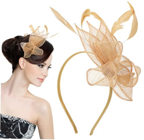 GLSTOY Fascinator Haarreif Und Haarklammer Für Damen Goldfarbener Teeparty Hut Aus Leinen Geeignet Für Bankette Und Abendveranstaltungen