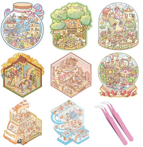 GAROMIA 3d House Sticker 8 Sets 3D Stickers Scene Miniatur Haus Sticker Cartoon Aufkleber kinder Hausbau Room für Erwachsene und Kinder