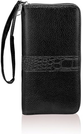 AdiStylinno Portafogli da uomo, portafoglio lungo in pelle di grande capacità con cerniera, portafoglio da lavoro con cinturino da polso e scomparti multipli per carte, Nero , 19.5 x 10 x 2.5 cm /