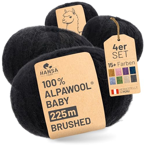 HANSA-FARM |Alpawool 100% Baby Alpaka Brushed 200g Set (4 x 50g) leichte und kratzfreie Wolle zum Stricken & Häkeln - NFA15 Schwarz