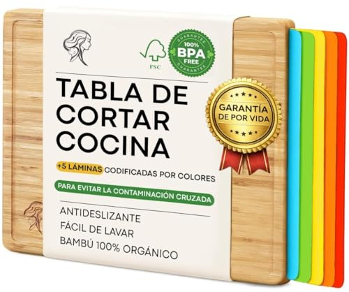 Tabla de Cortar Antibacteriana - 6 Tablas de Cocina en 1 - Tabla para Cortar Cocina - Tabla Cortar Bambú - Sin BPA - 5 Láminas para Evitar la Contaminación Cruzada - Qualis Summa