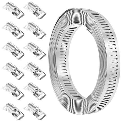 UNGFEI 10m/32.8ft Hose Clips, Stainless Steel Adjustable Tube Clamps with 12 Fasteners, Jubilee Clamp for Pipe Plumbing Tube, Fuel Line