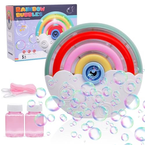 Seifenblasenmaschine Kinder – Tragbare Automatische Seifenblasenmaschine mit Regenbogenlicht & 2000+ Blasen/Min, inkl. 2X Seifenblasenlösung, Blasenspielzeug für Geburtstag, Hochzeit & Outdoor