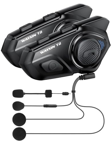 WAYXIN T2 Motorrad Headset mit Gegensprechanlage,Helm Kommunikationssystem für 2 Personen in Reichweite von 300m, mit Sprachassistent, Wasserdicht Freisprecheinrichtung,Musikanrufsteuerung(2pcs)