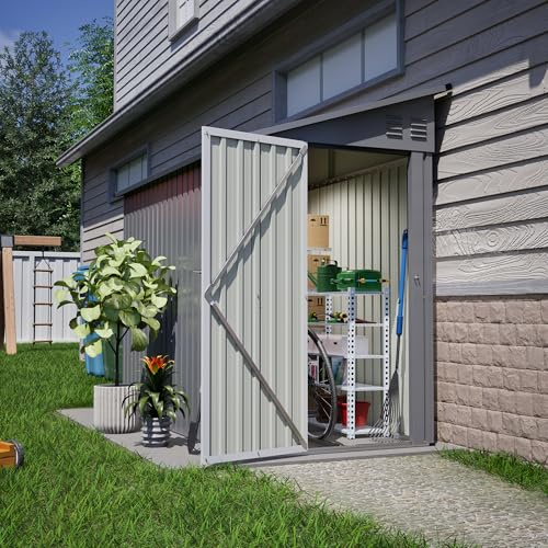 Thanaddo Metall Gerätehaus Gartenhaus 110x229x192cm, Geräteschuppen mit Pultdach, wetterfest Gartenschuppen Inkl. Metallfundament (ohne Boden) für Outdoor Garten Terrasse, Grau