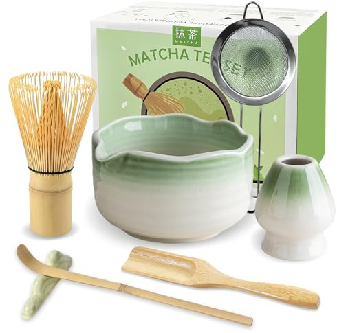JBER Matcha Besen Set, Matcha Set 7 Teiliges für Matcha-Liebhaber | Handgefertigter Bambus Besen und Besenhalter, Schale mit Auslauf, Sieb, Löffel, Halter, Matcha Tee Set Hellgrüner Farbverlauf