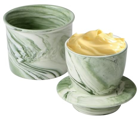 Green Stone French Butter Dish French Butter Dish with Lid, Get on Demand Spreadable Butter, Ceramic Butter Keeper to Leave on Counter with Water Line