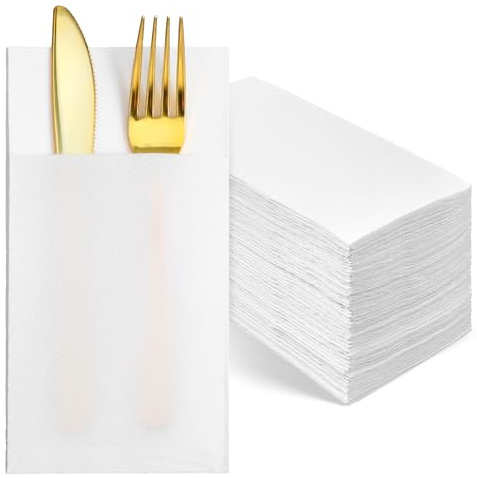 MBAIYO Disposable Cloth Like Napkins,100 Count Pocket Napkins Built-in Flatware Pocket White Prefolded Linen Feel Dinner Napkin for Thanksgiving Wedding Party Kitchen