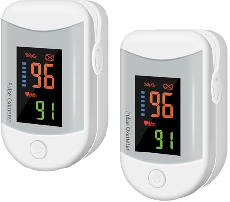 Tragbarer Finger Pulsoximeter für Fitness und Outdoor, Sauerstoffsättigung & Pulsrate Anzeige, OLED Bildschirm mit Batterien und Band (Weiß, 2 Stück)