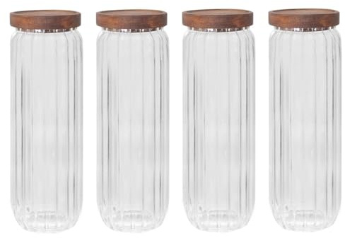YöL Pack of 4 1100ml Glass Storage Container Wooden Lid With Silicone Seal Modern Ribbed Finish - Dry Food Storage Jar Tea Coffee Sugar Flour Oats Pasta Cereal Kitchen