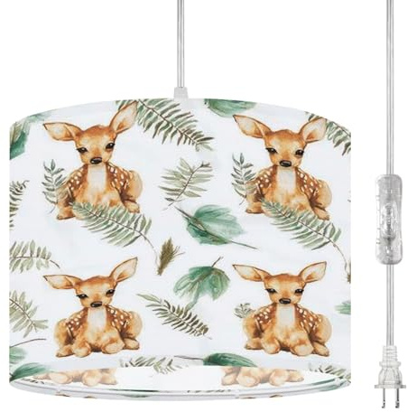 Plug In Pendant Light Seamless watercolor deers baby deers fern leaves hand painted white Hanging Lamp with Clear Cord Fabric Shade Dimmable Switch for Bedroom Kitchen Living Room Light Fixtures
