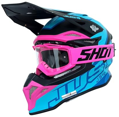 Adults Motocross Helmet Just1 J39 Petrol Blue Neon Pink ECE 22.06 ACU Gold Approved MX Off Road Helmet - FREE MX Goggles (L)
