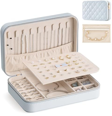 Lolalet Estuche de Joyería de Viaje Portátil, Organizador de Accesorios para Anillos, Collares y Pendientes, Caja Compacta con Compartimentos- L, Azul