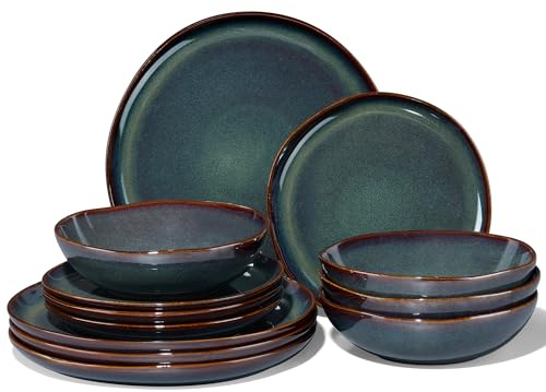 Joyfair Dinner Set, 12 Pieces Stoneware Dinnerware Set Service for 4, Reactive Glaze Irregular Shape Plates and Bowls, Chip & Scratch Resistant, Microwave & Dishwasher Safe, Blackish Green