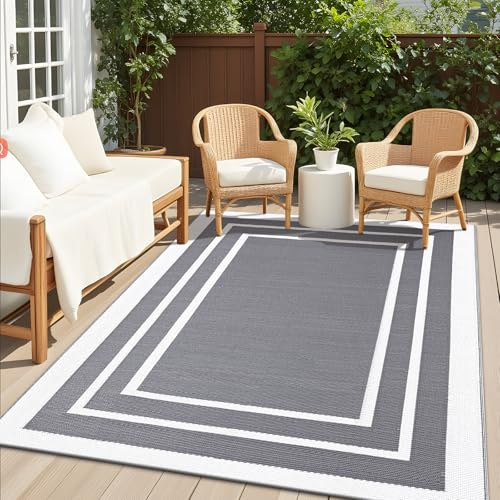Homaxy Outdoor Teppich Wetterfest, 120x180cm, Grau & Weiß | Kunststoff Stroh UV-beständig Wendbar Faltbar Waschbar Balkon Garten Teppich für Terrasse Camping Picknick
