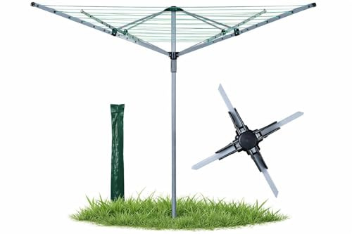 MEHRU 60M Heavy Duty Rotary Washing Line – 4 Arm Foldable Clothes Airer with Ground Spike, Space-Saving Outdoor Garden Dryer for Home & Laundry